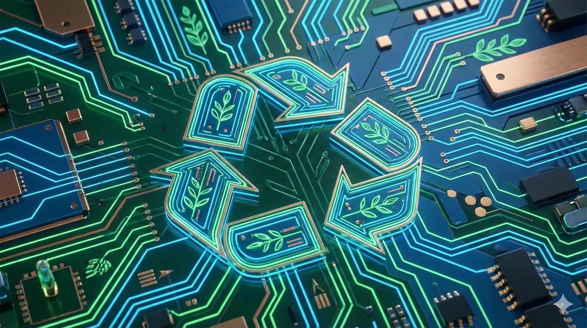 回收標誌融入電腦電路板設計展現科技環保 / Recycling symbol integrated into computer circuit board design showing tech eco-friendly